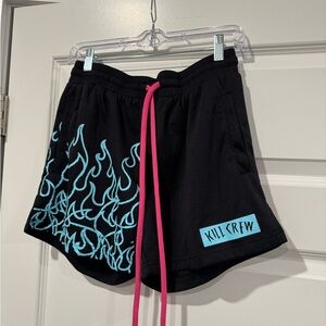 Kill Crew Black Shorts with Aqua Flame Graphic and Pink Drawstring